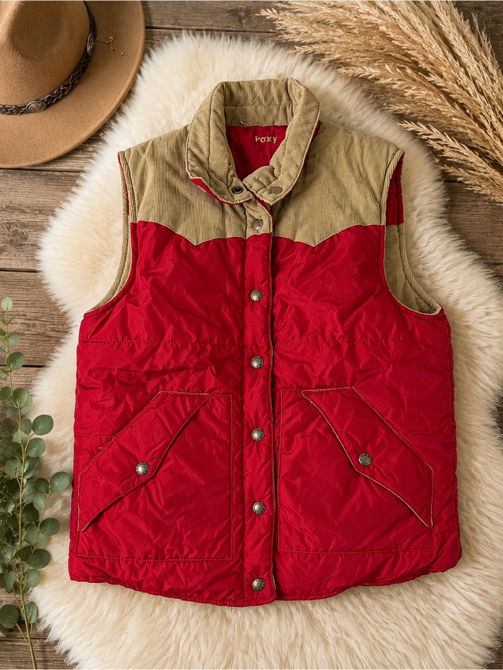 Vintage Roxy Reversible Puffer Vest Women’s Small Red Tan Corduroy Western Y2K